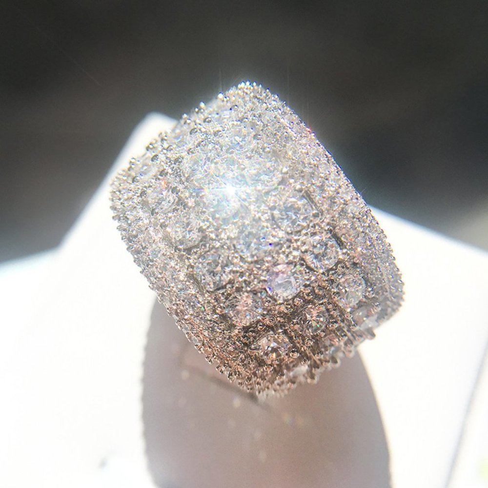 *NEW Silver Round Diamond Pave Wide Band Ring - Picture 2 of 9
